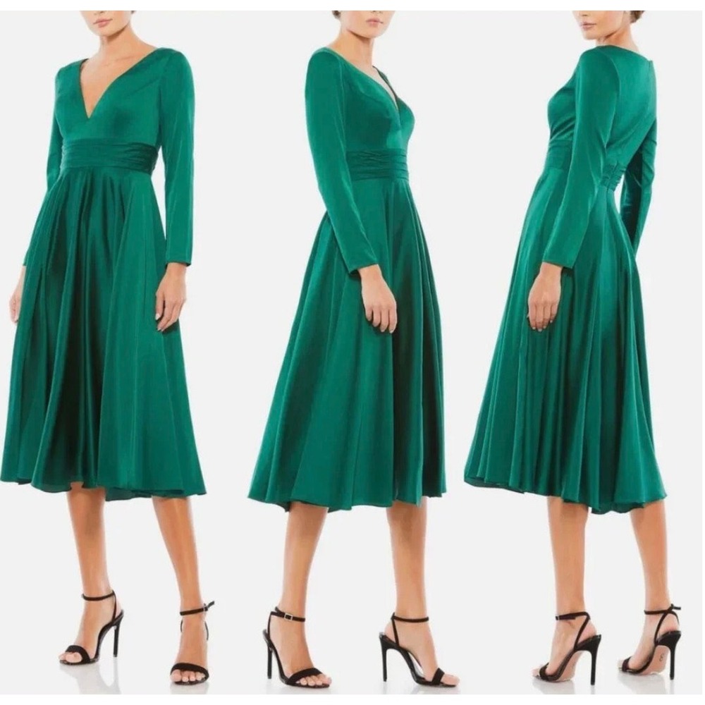 Mac Duggal Emerald Green Satin Long Sleeve V-Neck Midi Dress 4 Cocktail Formal